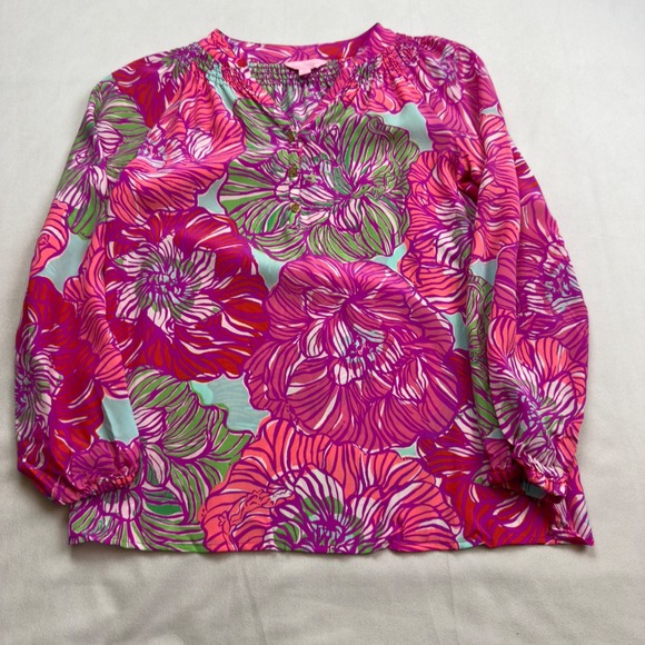 Lilly Pulitzer XS Elsa Silk Top Worth It‎ Print Floral Pink EUC - Picture 5 of 9